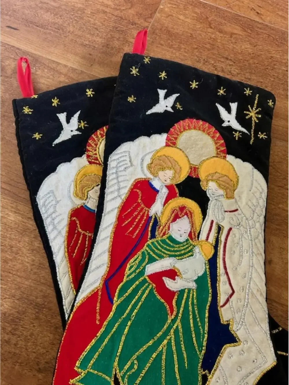 Vintage Embroidered Christmas Stockings with Nativity Scene Set of 2